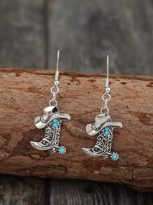 1pair Western Style Women's Cowboy Hat & Boots Retro Fashion Earrings - Antique Silver - View 2