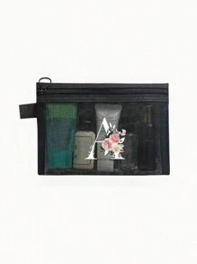 1个黑色网眼袋，白色花卉A-Z透明网眼化妆品收纳袋，多功能旅行便携包，护肤品和化妆品收纳袋，学生文具袋，网眼拉链袋，旅行化妆品收纳袋，简约高端，珠宝首饰收纳，适用于住宿、旅行、商务、游泳、家居收纳 - 黑色 - 查看 13