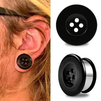 2PCS Black Ebonite Button Plugs Single Flared Ear Tunnels Gauges Earrings With O-Ring Ear Stretching Jewelry