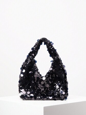 Wedding Party Women's Shoulder Bag, Shiny Sequin Clutch Bag, Sparkling Handbag, Elegant Beaded Evening Bag, Glitter Dance Wallet (Random Pattern), Tready Crescent Moon Bag For Women