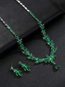 1 Set Of 3pcs Fashionable And Minimalist Cubic Zirconia Necklace Earrings Set For Wedding, Banquet And High-End Jewelry, With Leaf & Water Drop Decoration, Suitable For Women's Festival Wear
