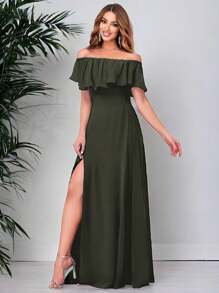 Vestido Elegante De Hombros Descubiertos Con Abertura Para Mujer, campesino - Verde militar - Ver 2