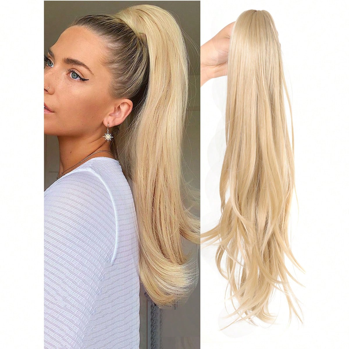 Cola de caballo sintética de clip de garra para extensiones de cabello de 14", peluca de cabello falso rubio negro ondulado con banda elástica para