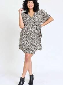 Black Yellow Ditsy Floral Puff Short Sleeve Wrap Tie Surplice V Neck  Mini Dress Swing Southern Dress | Small -3 XL - 黑色 - 查看 6