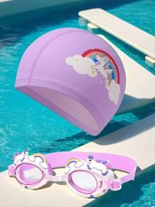 2 Stücke niedliche Cartoon Badekappen und Schwimmbrillen Kombination, hochauflösende verstellbare Silikon Kinder Schwimmbrillen, PU-Material Kinder Badekappen, geeignet für Mädchen Schwimmausrüstung, ideale Wahl für Sommergeschenke für Kinder