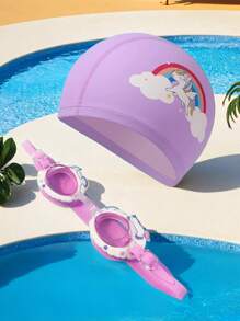 2 Stücke niedliche Cartoon Badekappen und Schwimmbrillen Kombination, hochauflösende verstellbare Silikon Kinder Schwimmbrillen, PU-Material Kinder Badekappen, geeignet für Mädchen Schwimmausrüstung, ideale Wahl für Sommergeschenke für Kinder