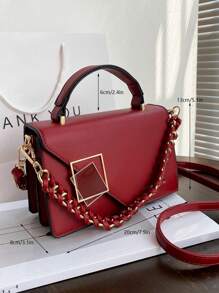 金属装饰方形手提包，女士斜挎包，迷你金属与链条装饰翻盖方形包，勃艮第包，包包，新年理想礼物，时尚勃艮第包 - 酒紅色 - 查看 3