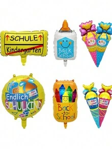 Conjunto de decoración de globos de nueva temporada escolar de 6/8 piezas en forma de autobús escolar y helado con caricaturas para la temporada de regreso a la escuela. Globos redondos de 18 pulgadas para diseño de escenas. - Multicolor - Ver 4