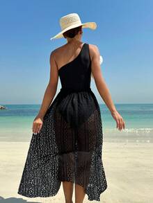 Bikinx Traje de baño de un hombro con aplicación de flor 3D en bloques de color y falda envolvente de encaje para verano - Negro - Ver 5