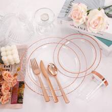 Liacere 350PCS Resuable Rose Gold Plastic Plates-Clear Rose Plates 50 Guests Include 50 Dinner Plates, 50 Salad Plates,50 Forks,50 Knives,50 Spoons,50 Cups,50 Napkins For Wedding&Party, For Christmas Party - Rose Gold - View 8