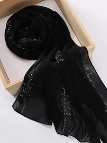 1pc Women's Black Heavy Embroidery Chiffon Muslim Hijab Scarf With Rhinestones - Black - View 7