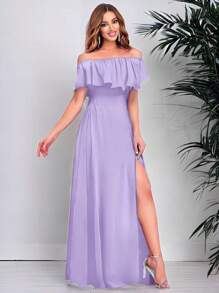 Vestido Elegante De Hombros Descubiertos Con Abertura Para Mujer, campesino - Lila Púrpura - Ver 1