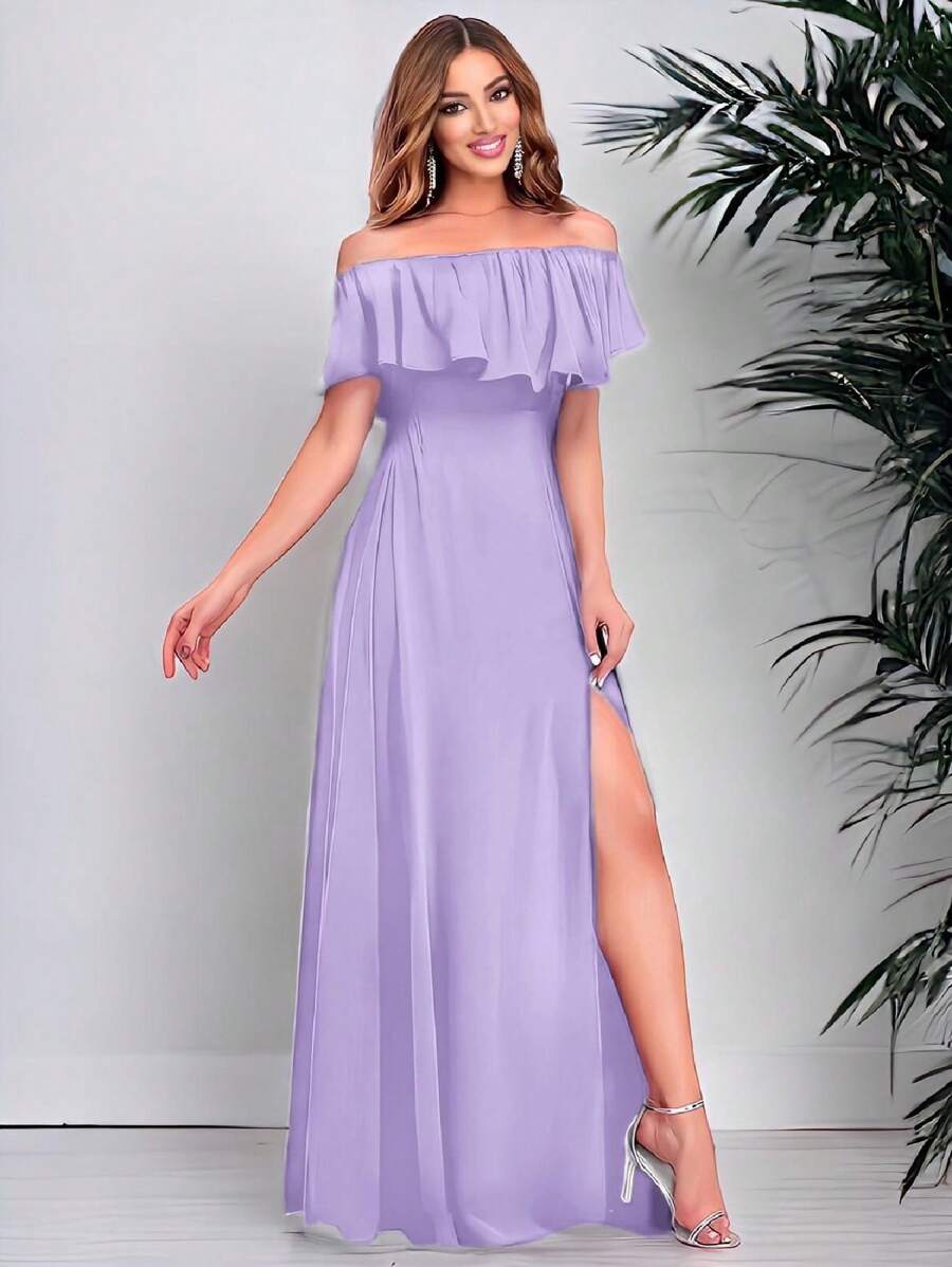 Vestido Elegante De Hombros Descubiertos Con Abertura Para Mujer, campesino - Lila Púrpura - Ver 1