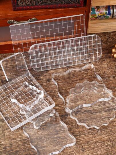 1PC Transparent Simple Acrylic Sheet With Grid Lines Silicone Stamp With Tools 0.39inch Thick, 9 Specifications To Choose From, Suitable For Scrapbook Craft Card Making, DIY Album Card Decoration Back To School
