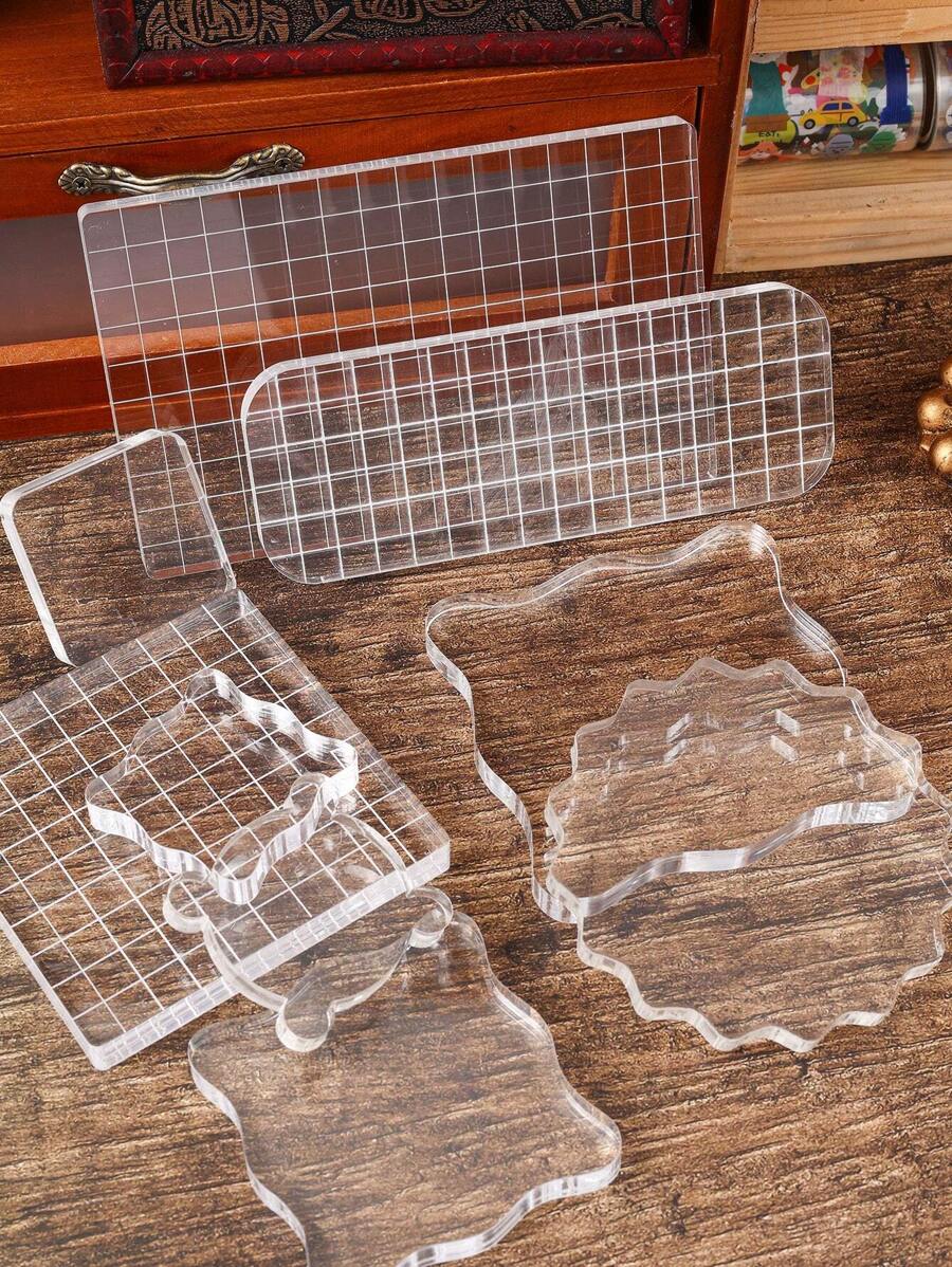 1PC Transparent Simple Acrylic Sheet With Grid Lines Silicone Stamp With Tools 0.39inch Thick, 9 Specifications To Choose From, Suitable For Scrapbook Craft Card Making, DIY Album Card Decoration Back To School - Clear - View 1
