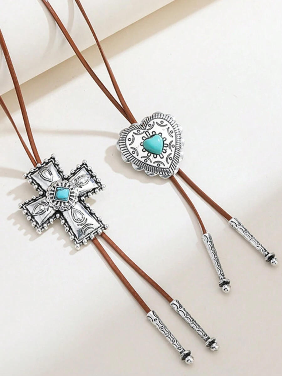 1pc Vintage Turquoise Cross Necklace, European And American Style, Fashion Leather Cord, Non-Fading, Retro Heart Sweater Chain, Gift For Men, Women, Couples - Multicolor - View 1