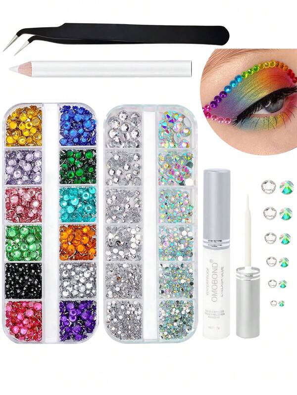Conjunto de adesivos com strass e pedras brilhantes, com cristais coloridos de fundo plano + strass AB e pedras transparentes, adesivo à prova d'água de secagem rápida, lápis de strass, pinça, conjunto de suprimentos para arte em unhas e maquiagem para corpo, cabelo, maquiagem, unhas e olhos.