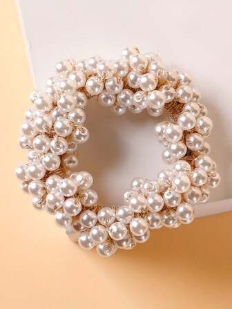 1pc Elegant Faux Pearl Hair Tie With Ponytail Holder And Elastic Beaded Design, Chic Appearance
