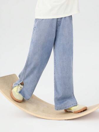 Pantaloni in denim traspiranti e morbidi per ragazze giovani, design a gambe larghe con spacco