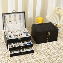1pc Large-Capacity Three-Layer Jewelry Box, Pu Leather Multi-Functional Jewelry Box, Watch Box With Lock, Storage Box, Ring Earrings Necklace Storage Container Valentine Day - Black - View 7