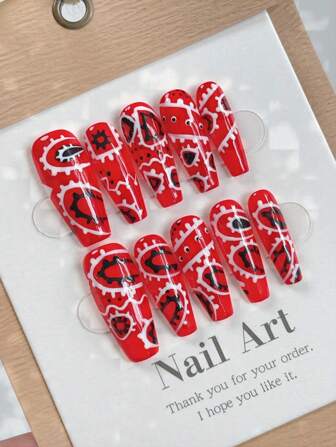 Upgrade Your Look, 10Pcs S/M/L Handpainted Red Vinyl Record Nail Covers, Personalized Full Cover Press-On Fake Nails Set With 1Pc Gel Cleanser & 1Pc Nail File, Gift For Girls, Women, Nail Art Kit, Reusable Detachable Nails For Holiday, Party, Date & Daily Wear Nail Supplies Nails