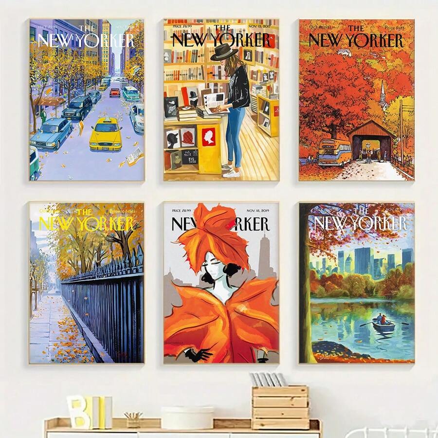 6入組北歐風格《紐約客》雜誌封面畫海報，復古城市風景時尚女士畫布油畫壁畫客廳裝飾印刷品