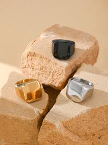 1pc Stainless Steel 18K Gold Plated Retro Business Square Smooth Surface Men's Rings Summer Jewelry
