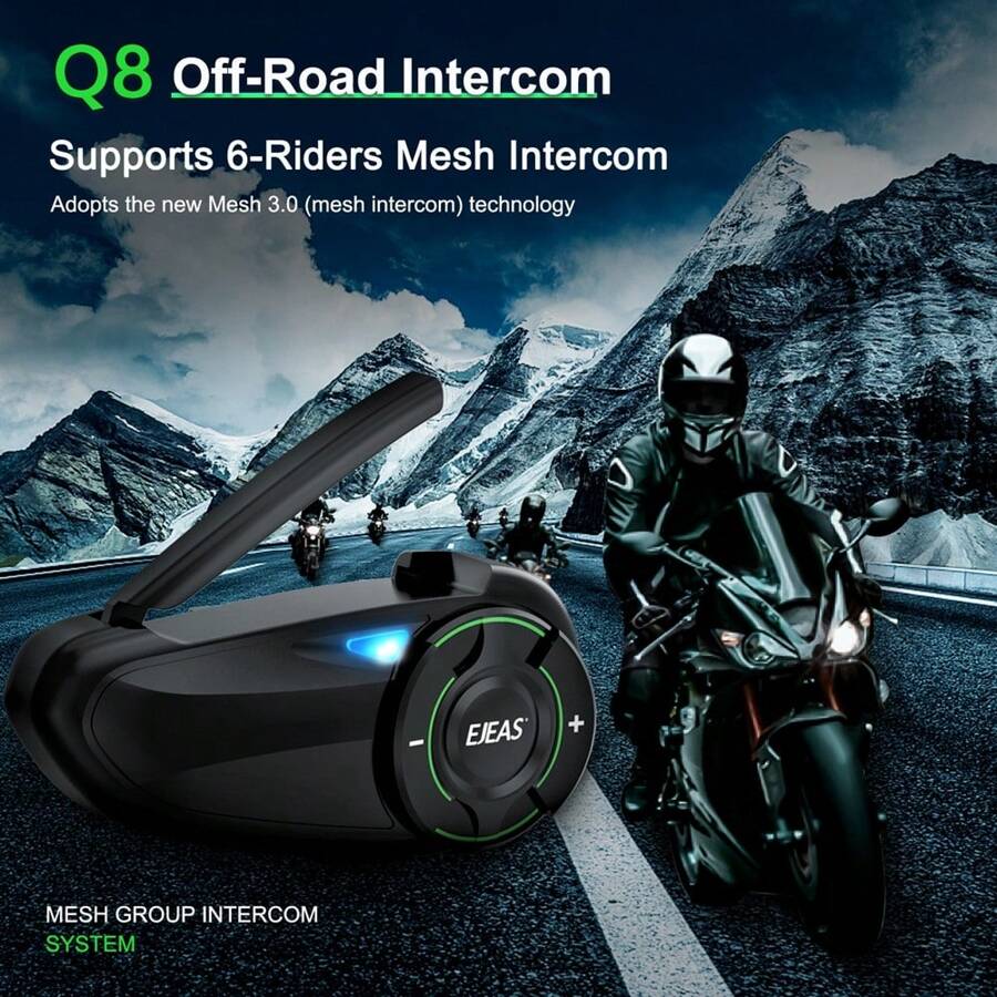 Mũ bảo hiểm xe máy EJEAS Q8 Bluetooth Intercom, Hệ thống liên lạc nội bộ nhóm Mesh 3.0 mới với chức năng chia sẻ nhạc và chuyển kênh cho 6 người lái nói chuyện cùng một lúc