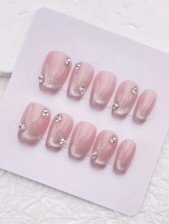 10Pcs Handmade Press On Nails, Cat Eye Light Pink Glossy Short Press On Nails/Rhinestones Glitter Short Nail/Handmade Faux Nails/Cute False Nails, For Women Girls Bridal Wedding Party Outfits, Gifts For Women And Girls Nail Supplies Nails