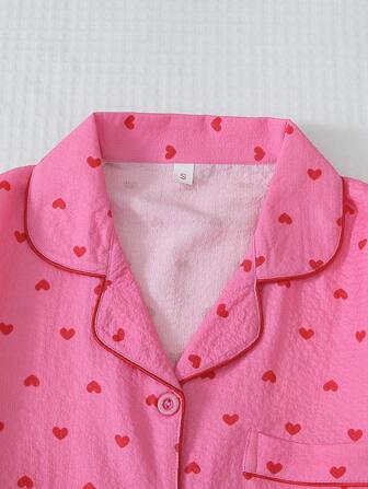 2pcs/Set Women's Small Heart Printed Summer Pajama Set, Short Sleeve Button-Down Shirt And Shorts, Casual Loungewear For Summer.,Two Pieces Set