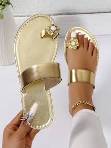 Novas Mulheres Moda Casual Praia Cor Sólida Dourado Crab Apple Flor Decoração Chinelos - Ouro - Ver 3