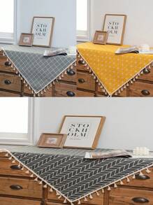 多色图案印花方形桌布，波西米亚简约风格，带流苏装饰，适用于橱柜、床头柜、小桌子、沙发、桌椅、节日装饰，四季使用 - 彩色 - 查看 3