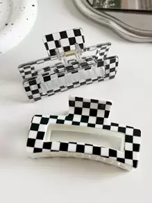 2个黑白棋盘格亮面方形发爪夹，街头风日常发饰，发夹，发卡，发抓，发爪夹，校园必备，大学秋冬发夹，适合度假装扮，女士夏季装扮发夹 - 彩色 - 查看 5
