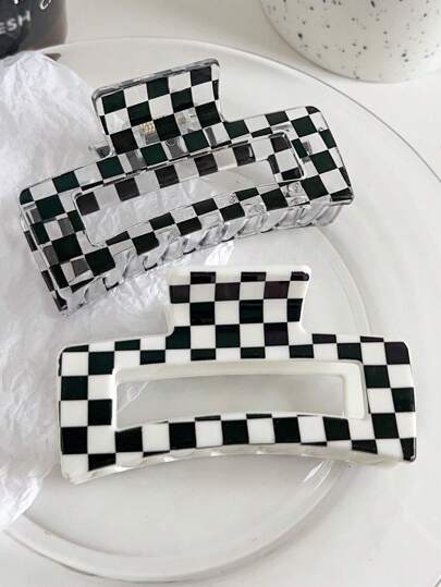 2pcs Black & White Checkerboard Shiny Square Hair Claw Clips, Street Style Daily Hair Accessories Hair Jaw Clip Hair Clamps Hair Clutch Hair Catcher Clip, School Stuff, College Fall Winter Hair Clip For Vacation Outfits Woman