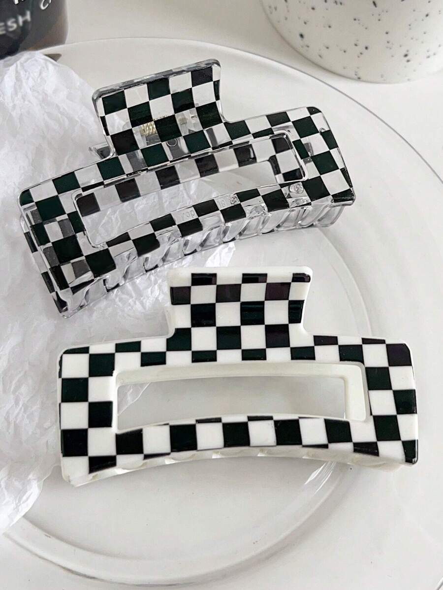 2个黑白棋盘格亮面方形发爪夹,街头风日常发饰,发夹,发卡,发抓,发爪夹,校园必备,大学秋冬发夹,适合度假装扮,女士夏季装扮发夹 - 彩色 - 查看 1