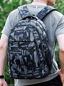 印花大容量背包，学生背包，多功能电脑豹纹包背包学生通勤书包圣诞尖叫包背包冬季圣诞礼物休闲感恩节假期鲨鱼元素便携式旅行礼物腰包礼物旅行必需品书包露营旅行包夏季返校沙滩包笔记本电脑包运动生活度假男士包黑色包包背包旅行必备品大包 - 黑色 - 查看 2