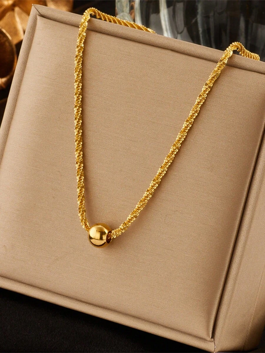 1pc Minimalist Stainless Steel Perforated Bead Pendant Necklace, Suitable For Daily Wear - Yellow Gold - View 1