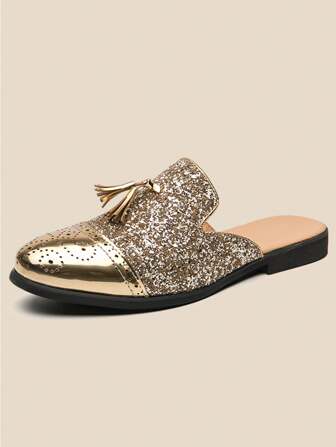 布洛克亮片一脚蹬穆勒鞋男款金色夏季时尚露背流苏乐福鞋发型师商务休闲皮鞋