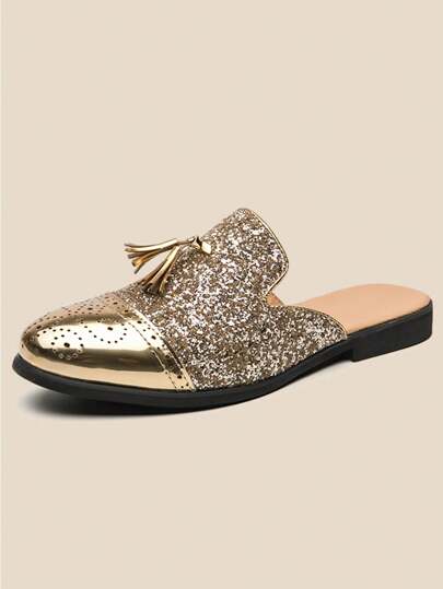 布洛克亮片一脚蹬穆勒鞋男款金色夏季时尚露背流苏乐福鞋发型师商务休闲皮鞋