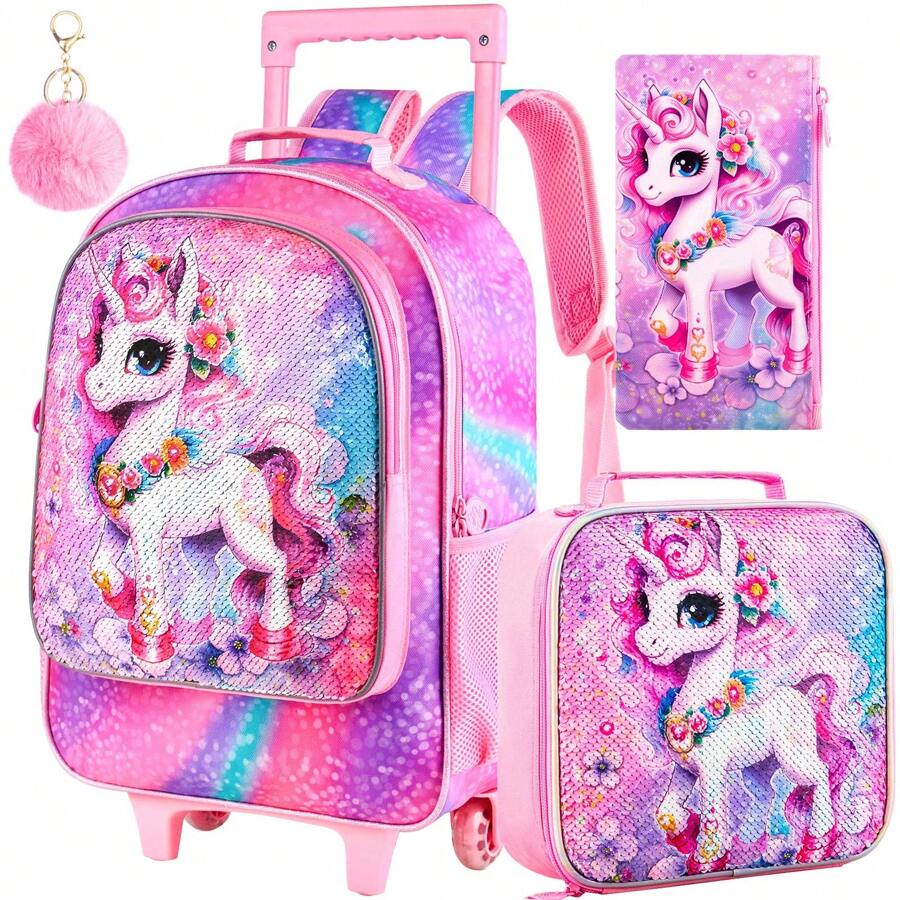 3PCS Rolling Backpack For Girls,Kids Unicorn  Wheeled Bookbag - Pink - View 1