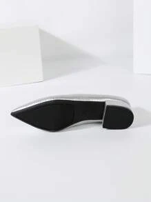 New Spring/Autumn Silver Crocodile Pattern Chunky Heel Women's Shoes With Low Vamp Pointed Toe, Simple And Comfortable For Commuting - Silver - View 7