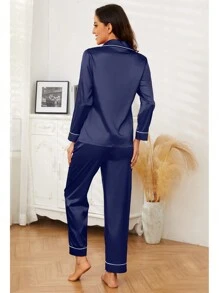 2 Piezas Conjuntos de Pijamas para Mujer de Satén de Seda y Pantalones de Mujer, Pijama de Dos Piezas Pijama con Botones, pijamas de mujer, pijama dama seda, pijamas para pareja, pijama de seda mujer, pijamas familiares, pijamas en satin, pijamas completas - azul real - Ver 3