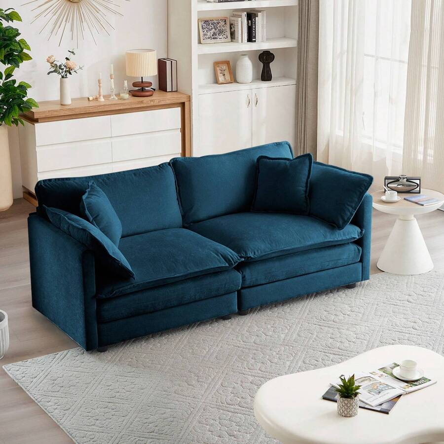 Luxury Loveseat Sofa Couch, 76" Modern Chenille Deep 2-Seater Cloud Couch With 2 Armrest Pillows And 2 Toss Pillows, Love Seat For Living Room Bedroom Office Apartment, Blue - 藍色 - 查看 1