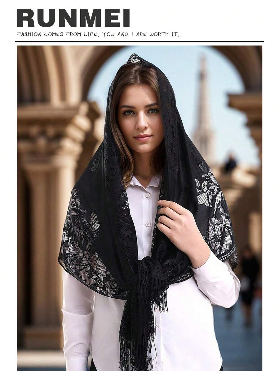 優雅1入組女士花邊圍巾甜美女孩防曬圍巾春夏法式沙灘風格髮帶老式女性基本款穆斯林圍巾，適用於日常使用和節日禮物 - 黑色 - 查看 1