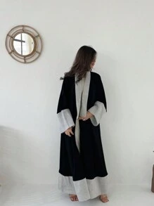 1pc Women's Long Abaya Cardigan, Loose Wide-Sleeve Fashion Printed Solid Color Plus Size Gentle & Elegant Stylish Long Robe, Slim-Fit Patchwork Multicolored Abaya Jacket. Perfect For Daily Wear, Festivals, Meetings, And Travel Winter Fall