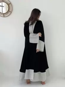 1pc Women's Long Abaya Cardigan, Loose Wide-Sleeve Fashion Printed Solid Color Plus Size Gentle & Elegant Stylish Long Robe, Slim-Fit Patchwork Multicolored Abaya Jacket. Perfect For Daily Wear, Festivals, Meetings, And Travel Winter Fall