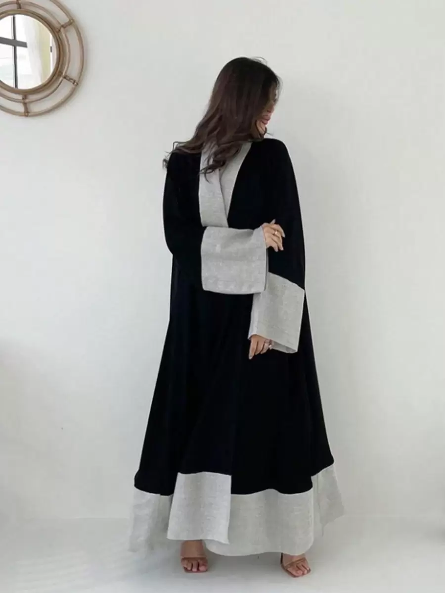 1pc Women's Long Abaya Cardigan, Loose Wide-Sleeve Fashion Printed Solid Color Plus Size Gentle & Elegant Stylish Long Robe, Slim-Fit Patchwork Multicolored Abaya Jacket. Perfect For Daily Wear, Festivals, Meetings, And Travel Winter Fall