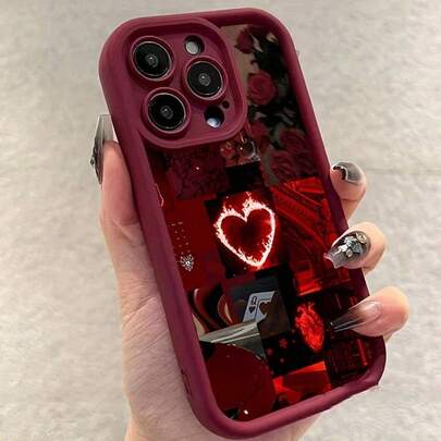 Funda de teléfono de cobertura total de TPU roja con patrón de corazón de color burdeos compatible con iPhone 16, 15, 14, 13, 12, 11 Pro Max