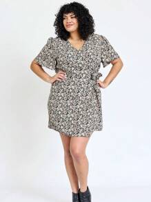 Black Yellow Ditsy Floral Puff Short Sleeve Wrap Tie Surplice V Neck  Mini Dress Swing Southern Dress | Small -3 XL - 黑色 - 查看 7