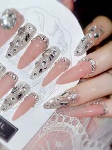 10 Peças Adesivos de Unhas Postiças Falsas com Camada de Selagem de Fototerapia e Strass, Suprimentos de Unhas Adesivas